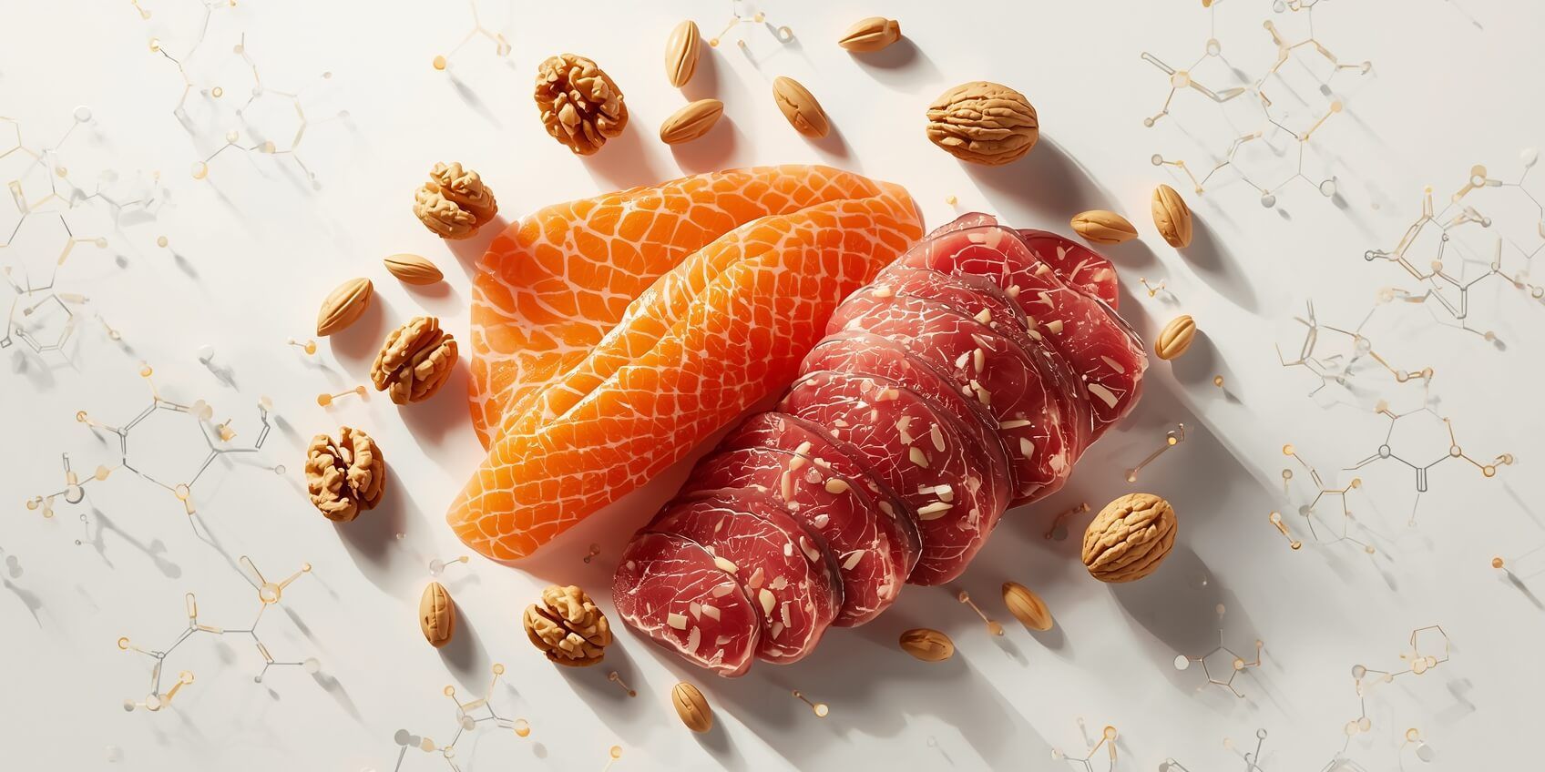 Alimentos ricos en coenzima Q10 como pescado, carne y frutos secos