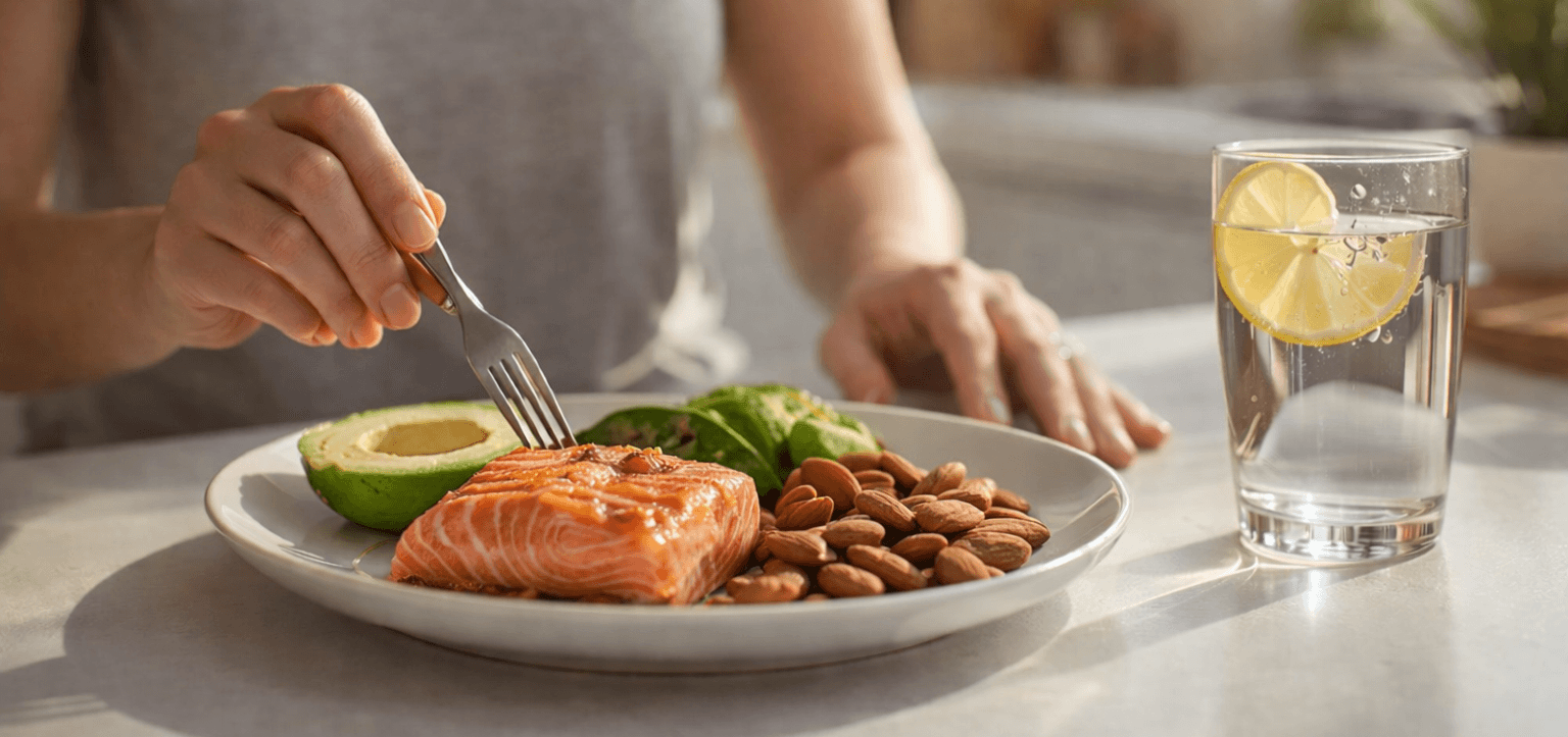 Alimentos ricos en CoQ10 como salmón, aguacate y frutos secos en una comida saludable