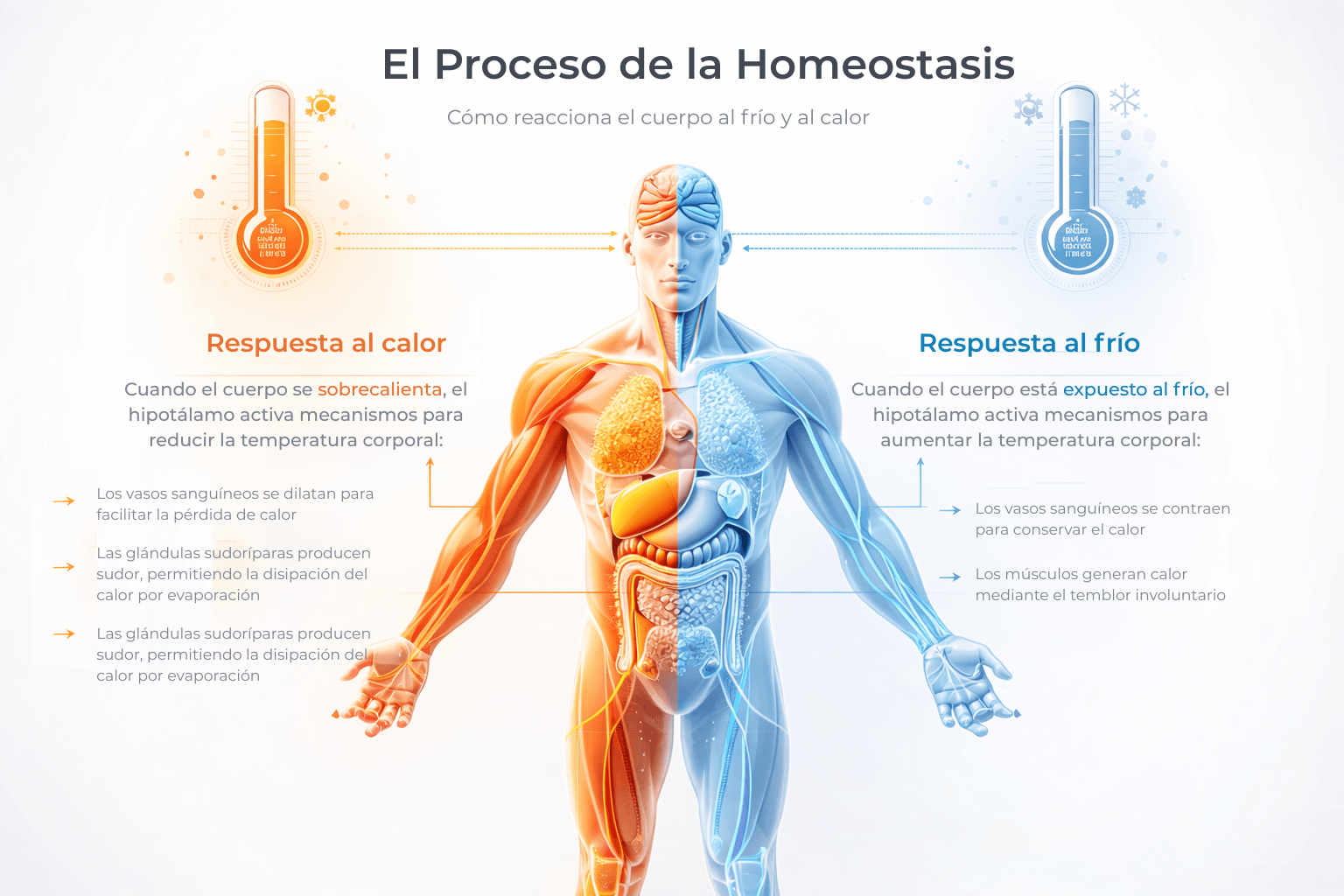 Infografía que explica el proceso de homeostasis y la autorregulación del cuerpo humano ante el frío y el calor.
