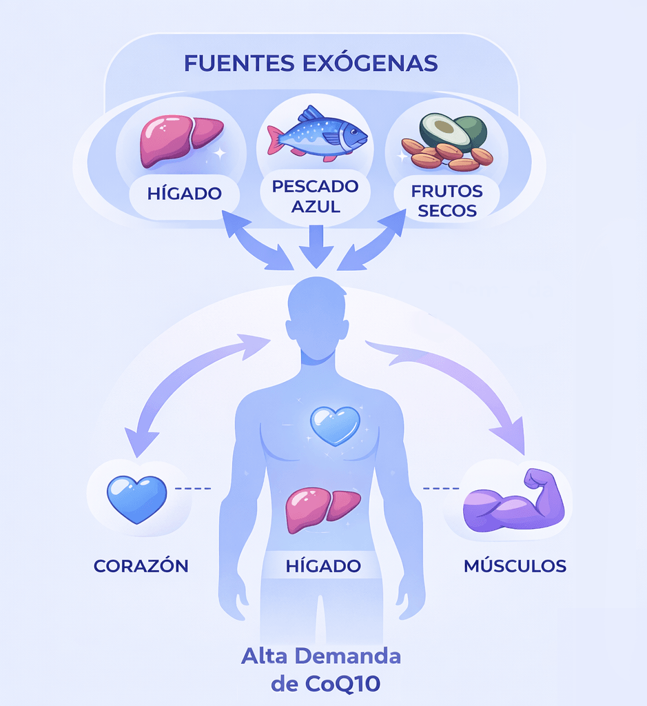 Fuentes alimentarias de CoQ10 y órganos del cuerpo con mayor demanda energética