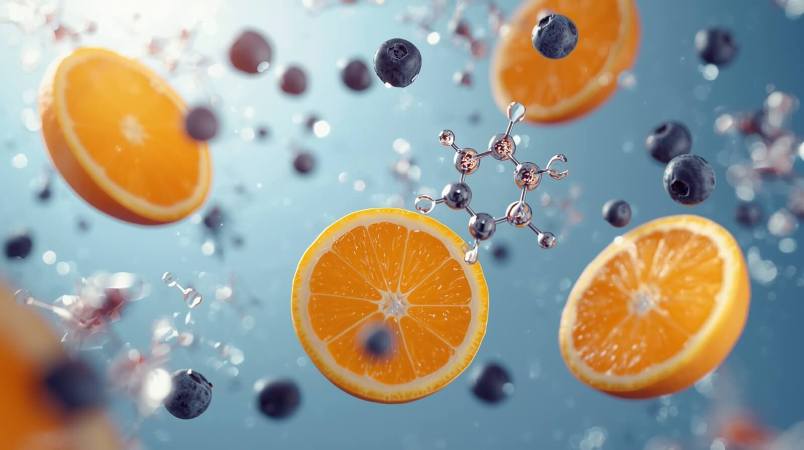 Rodajas de naranja fresca y arándanos flotando, con representación molecular de antioxidantes, ilustrando la capacidad antioxidante natural de los cítricos y frutos rojos.