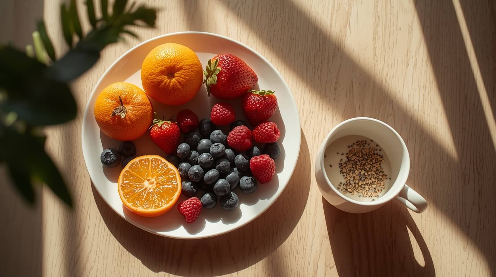 Desayuno saludable con naranja, fresas y arándanos sobre mesa de madera iluminada por luz natural