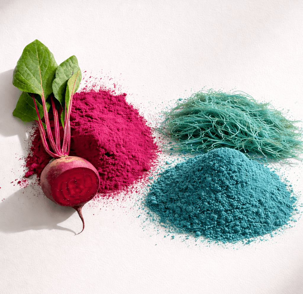 Colorantes naturales de remolacha y espirulina aprobados por la FDA como alternativas a los colorantes artificiales derivados del petróleo.