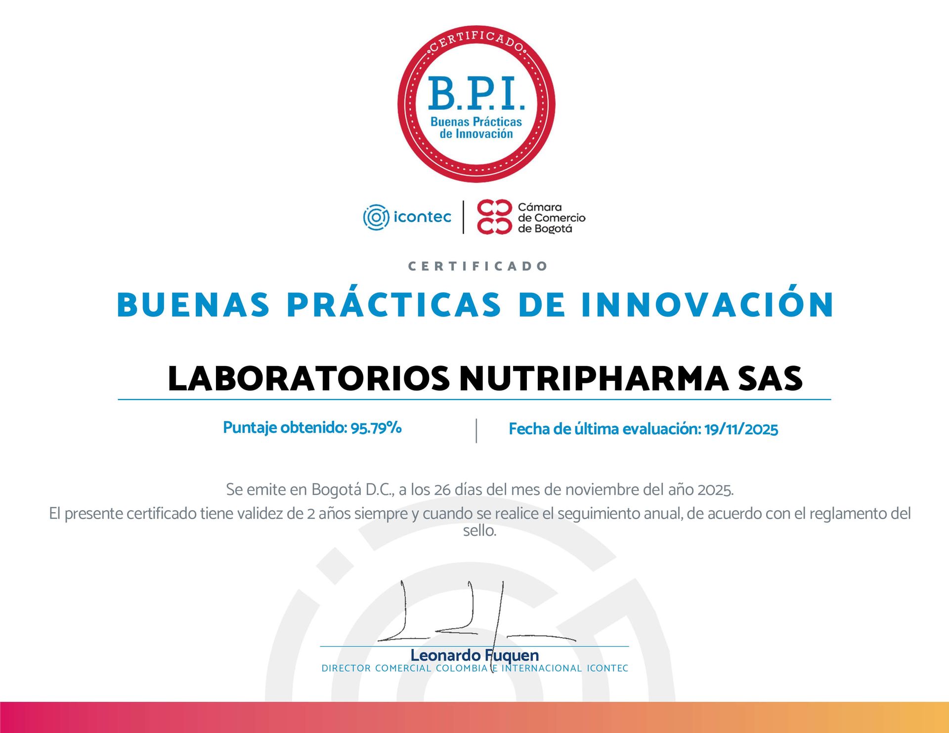 Sello de Buenas Prácticas de Innovación obtenido por Laboratorios Nutripharma por su sistema estructurado de gestión de la innovación.