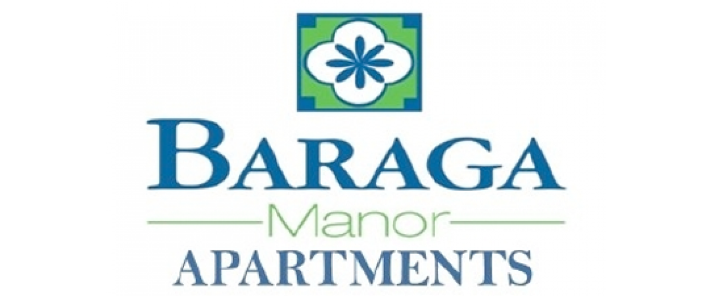 A blue and green logo for baraga manor apartments