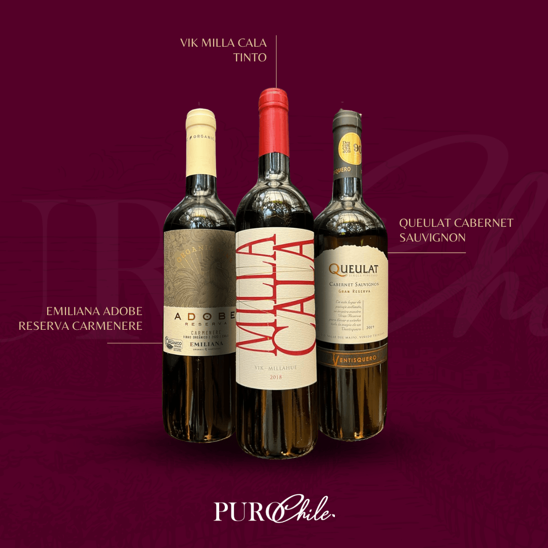 Três garrafas de vinho estão lado a lado em um fundo roxo.