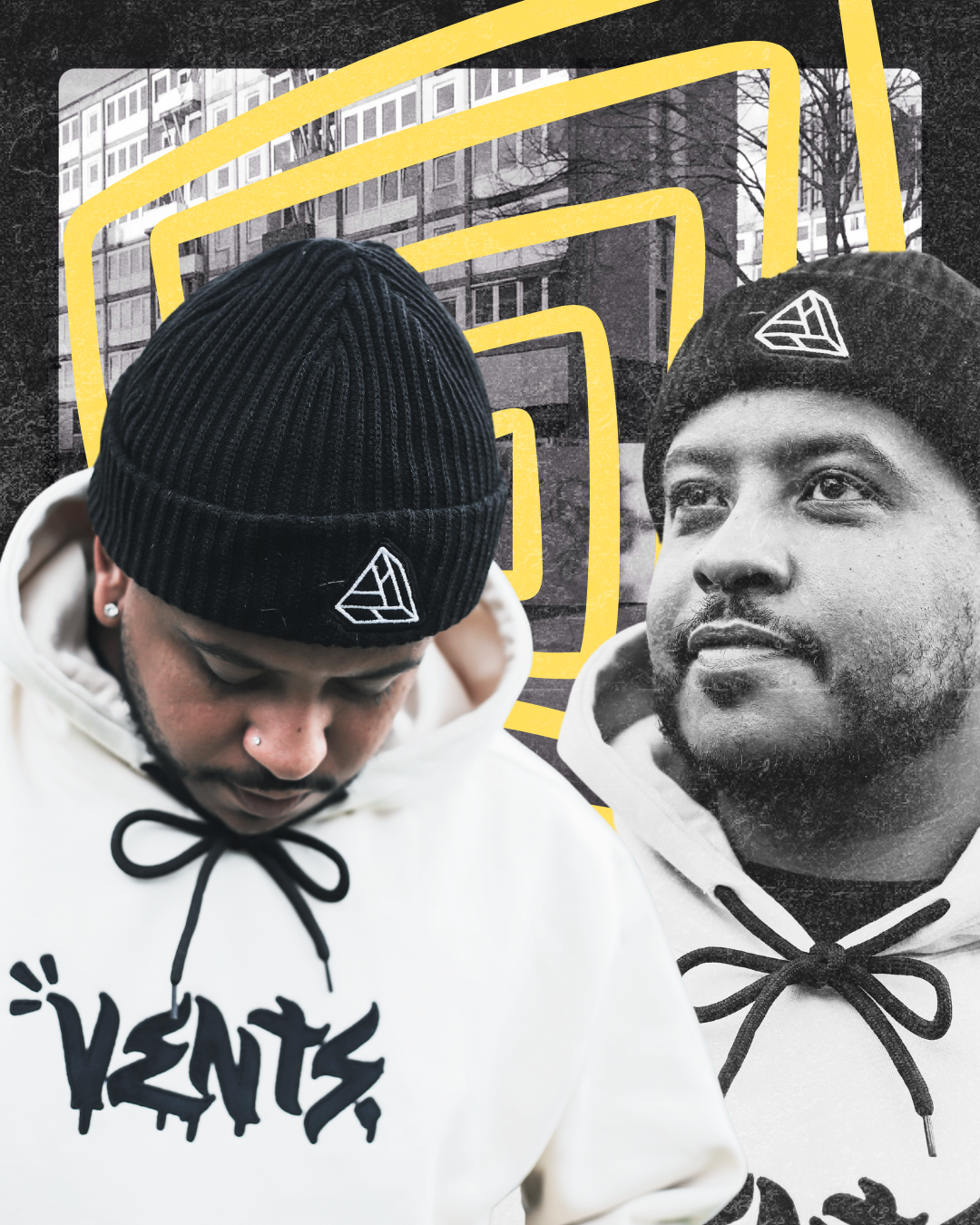 Um rapaz negro, com uma touca contendo um simbolo da marca Vents