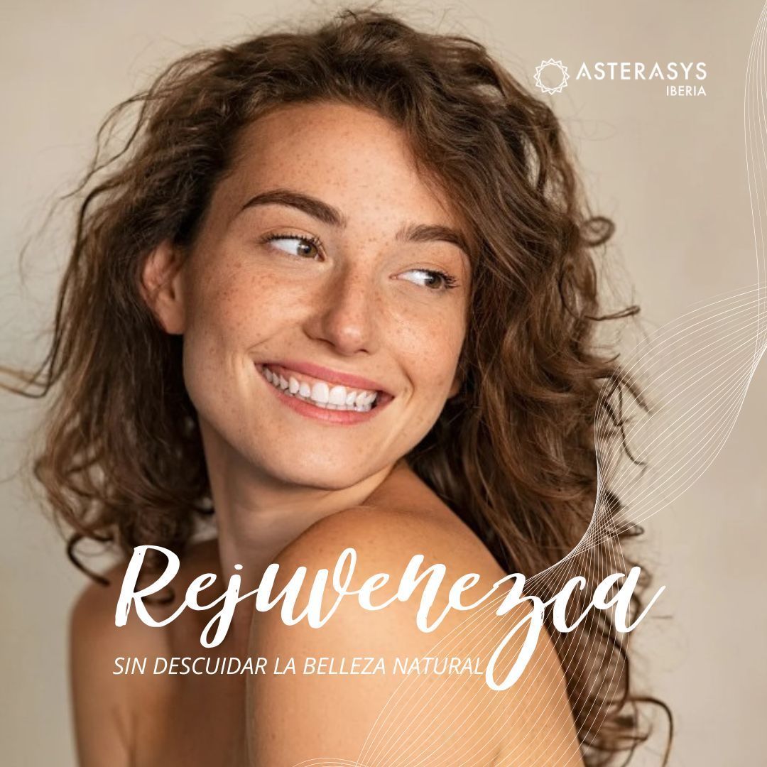 Mulher loira sorrindo olhando para o lado, abaixo palavra escrito Rejuvenesça