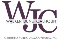 Purple WJC initials logo with the full name Walker June Calhoun, Certified Public Accountants, PC.