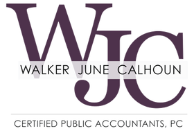 Purple WJC initials logo with the full name Walker June Calhoun, Certified Public Accountants, PC.