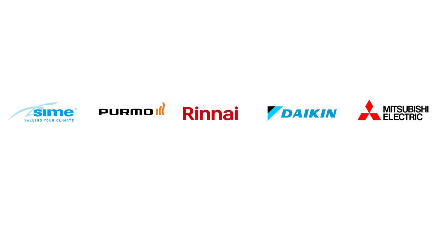 sime, purmo, rinnai, daikin and mitsubishi electric logos on white background