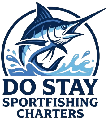 Logo for "Do Stay Sportfishing Charters" featuring a blue marlin jumping out of waves inside a circular border.