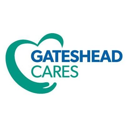 The logo for gateshead cares is a heart with two hands holding it.