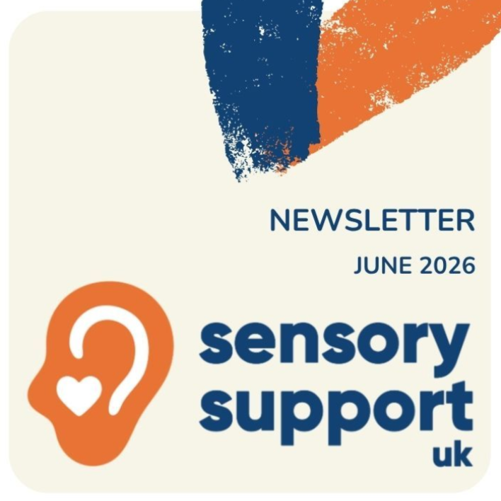 Sensory Support UK newsletter cover, June 2026, with orange ear logo and blue/orange brush strokes