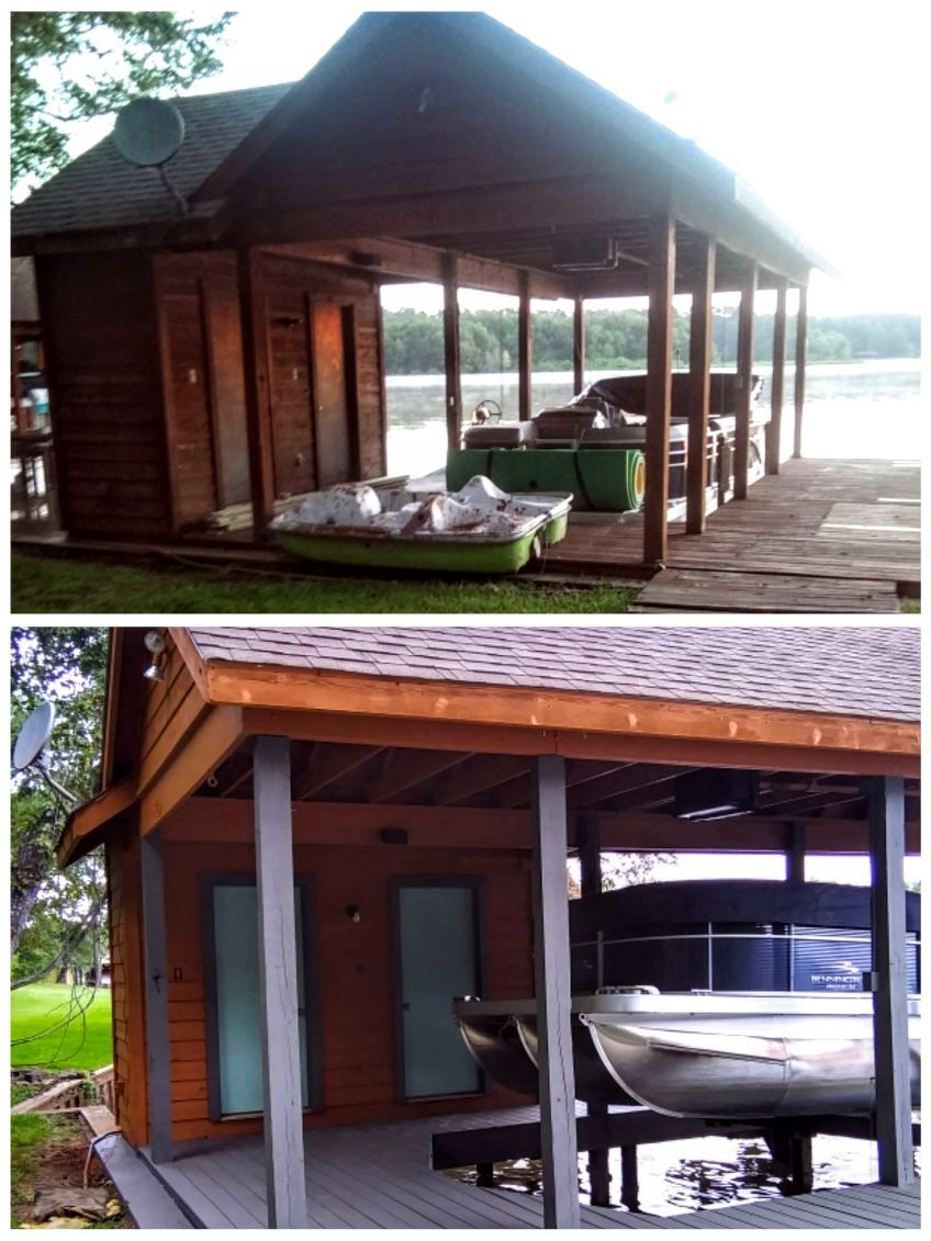 Two photos of a lakefront boathouse with wooden structure, boats, and a dock.