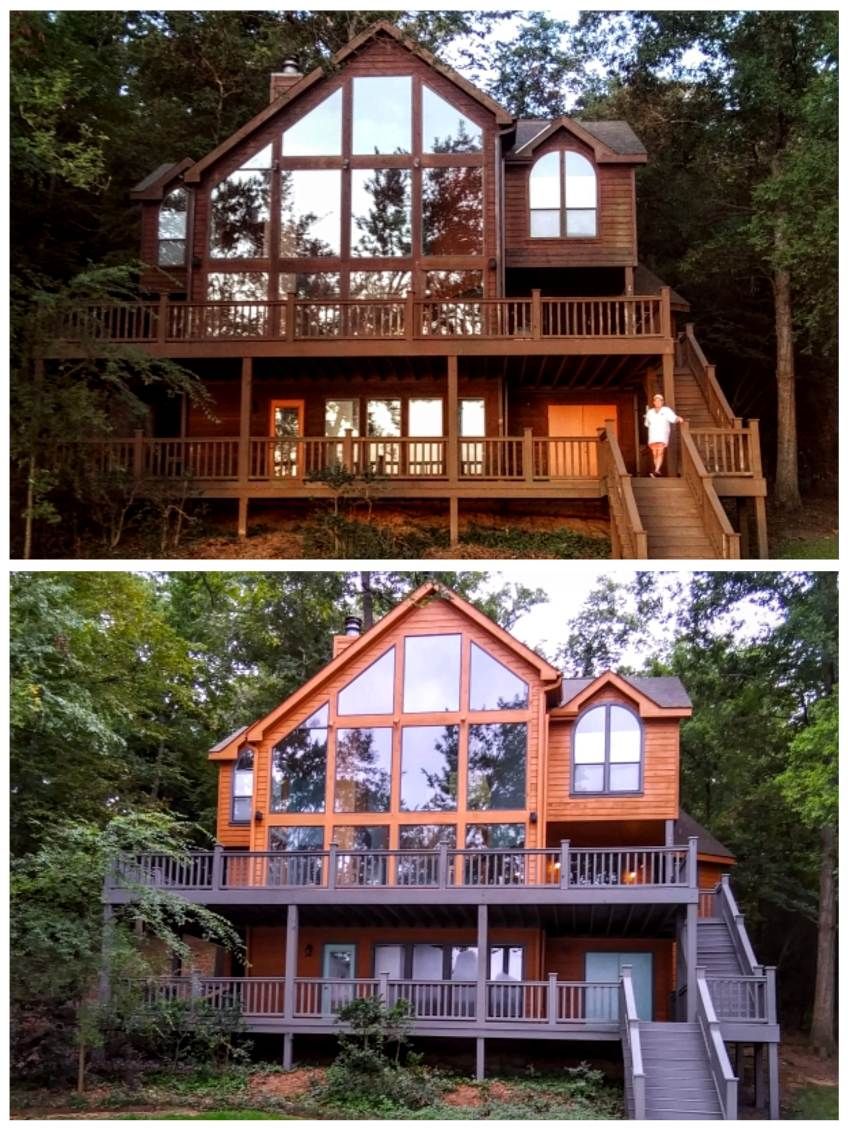 Top: Two-story cabin with large windows, person on steps. 
Bottom: Cabin exterior, gray deck and blue door.