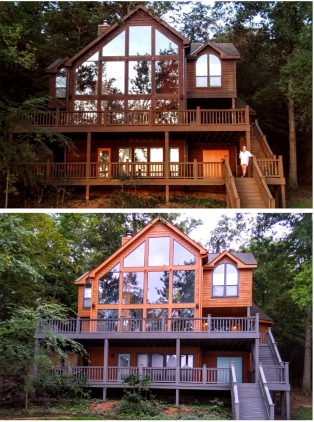 Two-story wooden cabin in woods; top image has darker wood, bottom has lighter wood with gray accents.