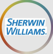 Sherwin-Williams logo inside a rainbow-colored circle on a gray background. White rectangular box with blue text.