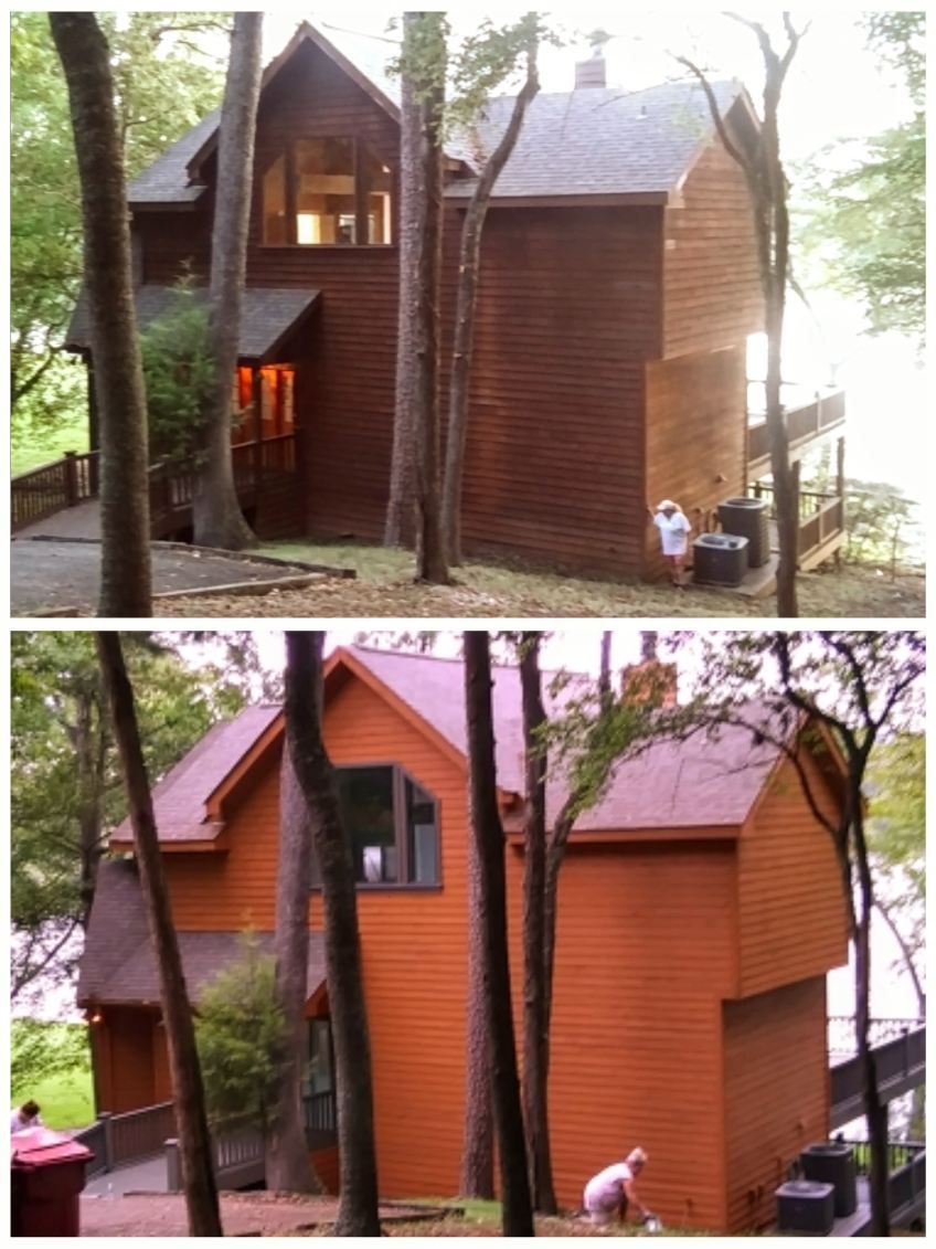 Two-story cabin in the woods; before and after painting with a reddish-brown stain.