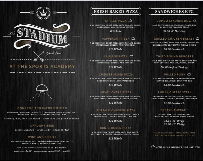 Menu The Stadium Bar and Grill
