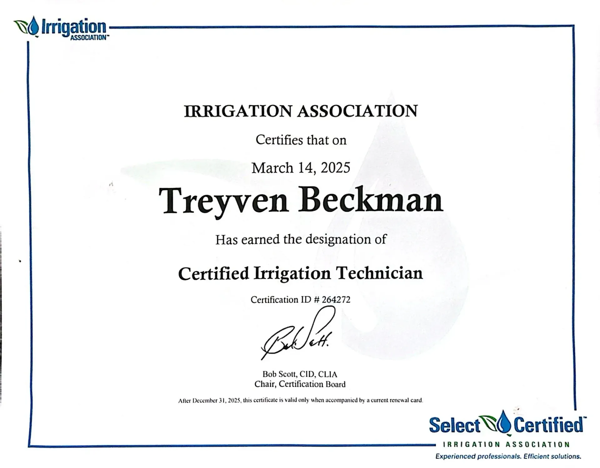 Certificate from Irrigation Association, certifies Treyven Beckman as a Certified Irrigation Technician, March 14, 2015.