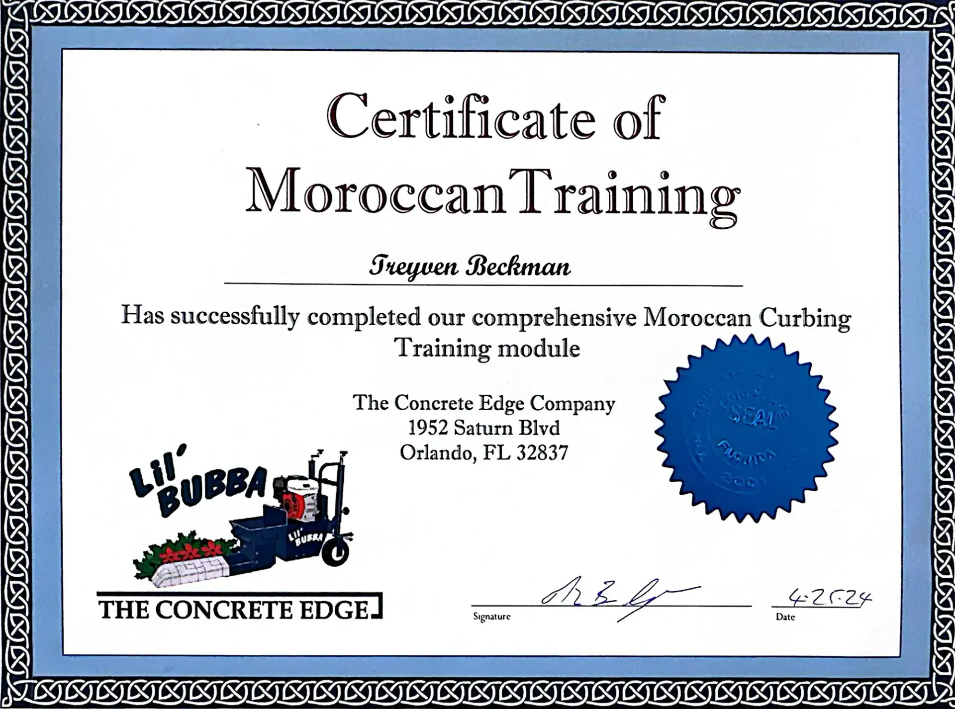 Certificate of Moroccan Training; features a blue seal, border, and "Lil Bubba" concrete edge logo.
