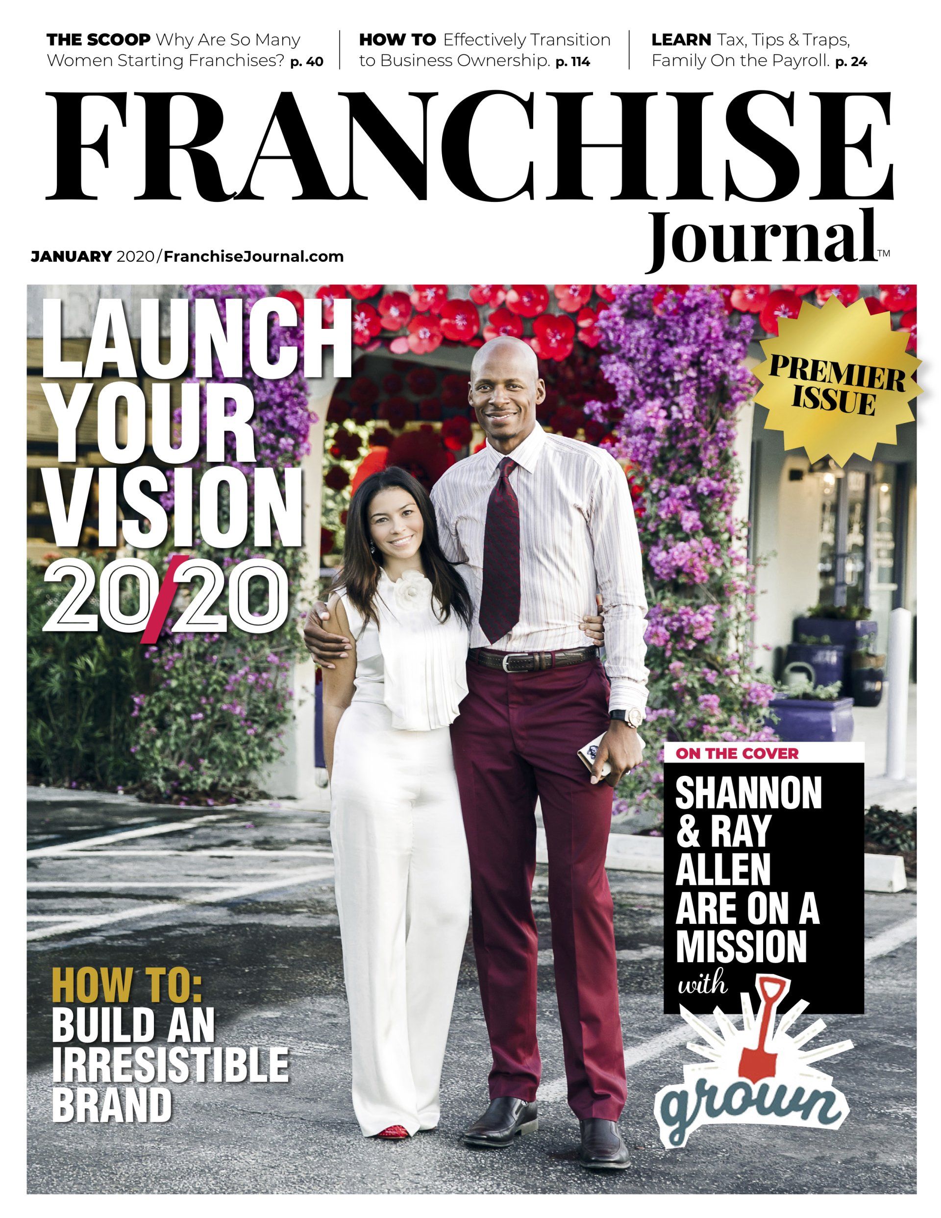 A man and a woman are standing next to each other on the cover of a magazine.