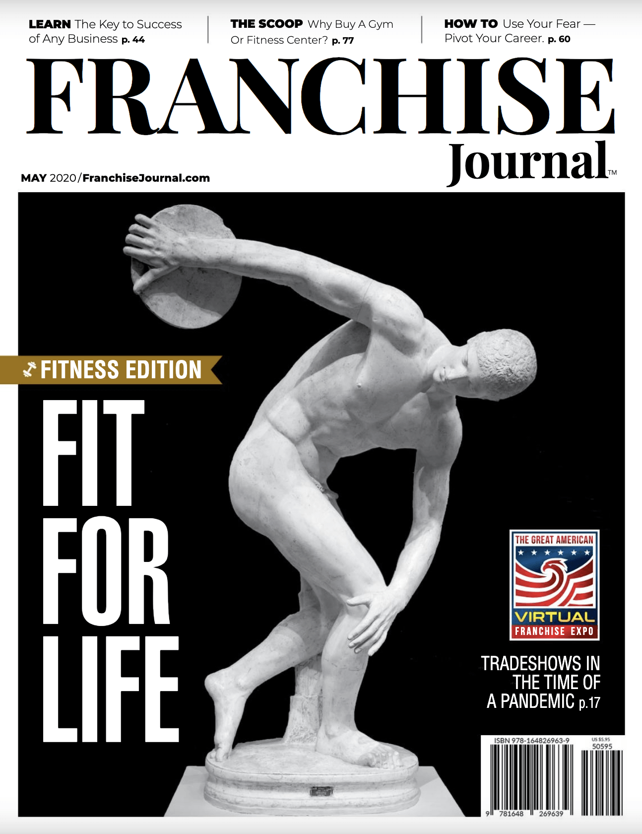 A statue of a man throwing a frisbee on the cover of a franchise journal magazine.