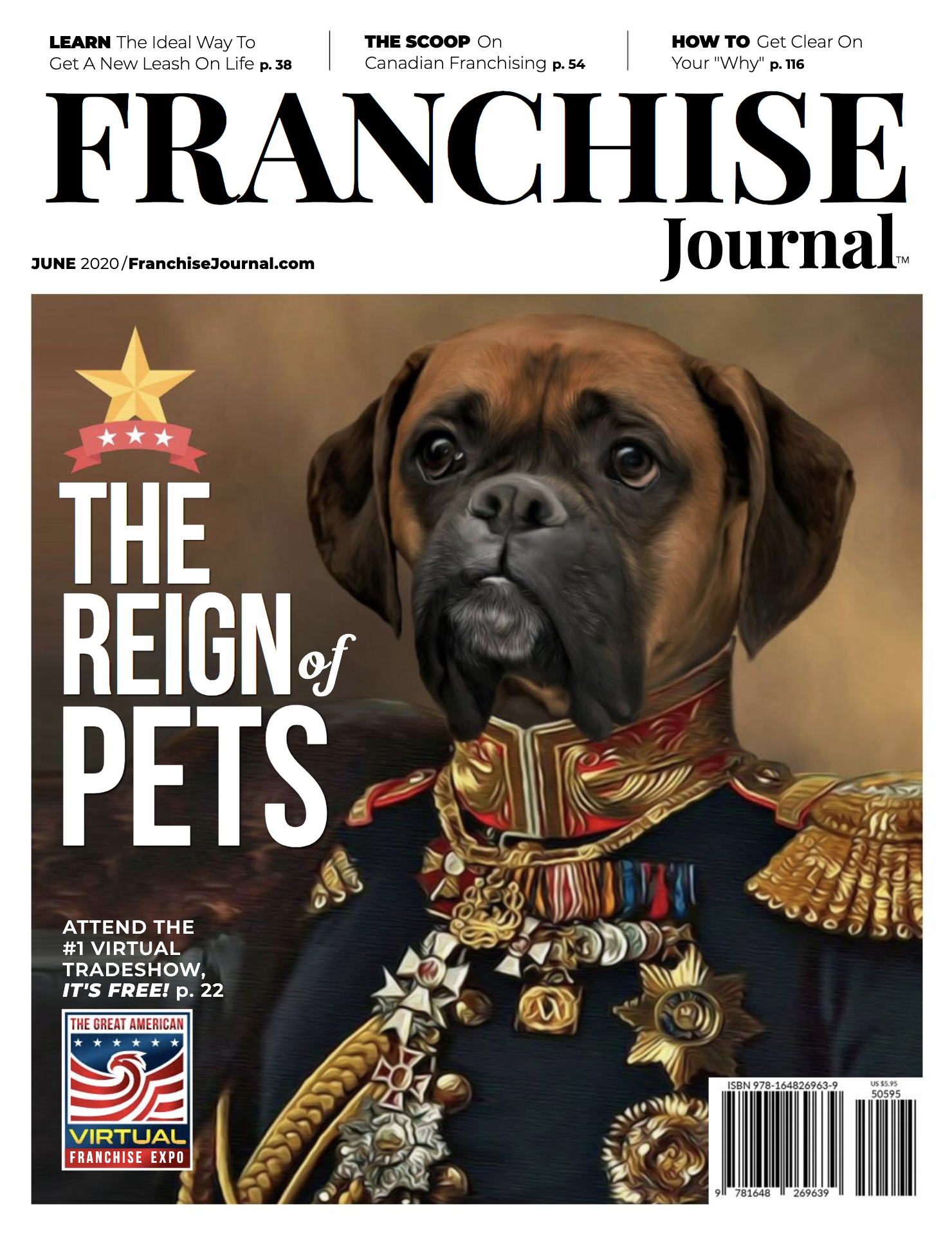 A boxer dog is on the cover of the franchise journal magazine.