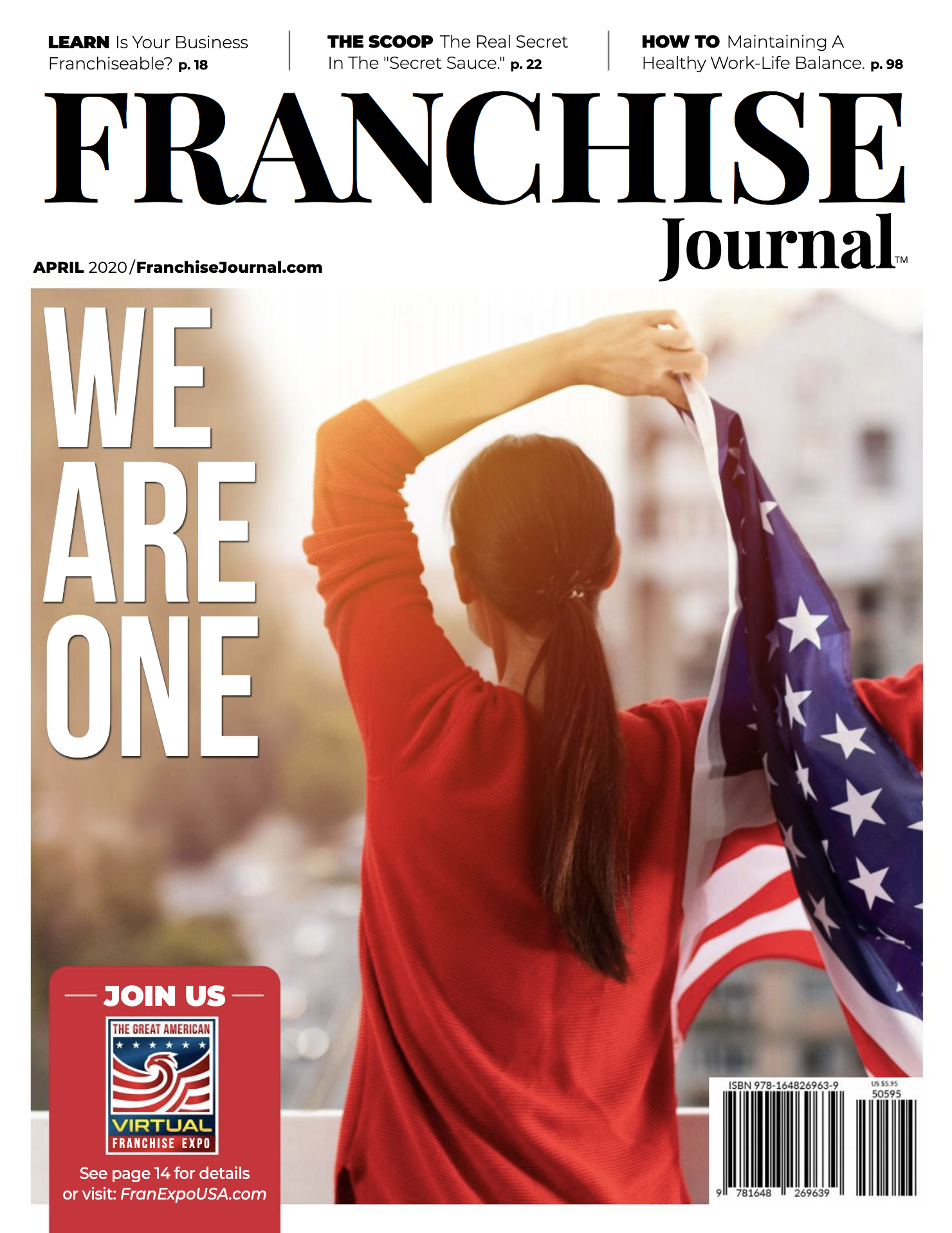A woman is holding an american flag on the cover of a magazine.