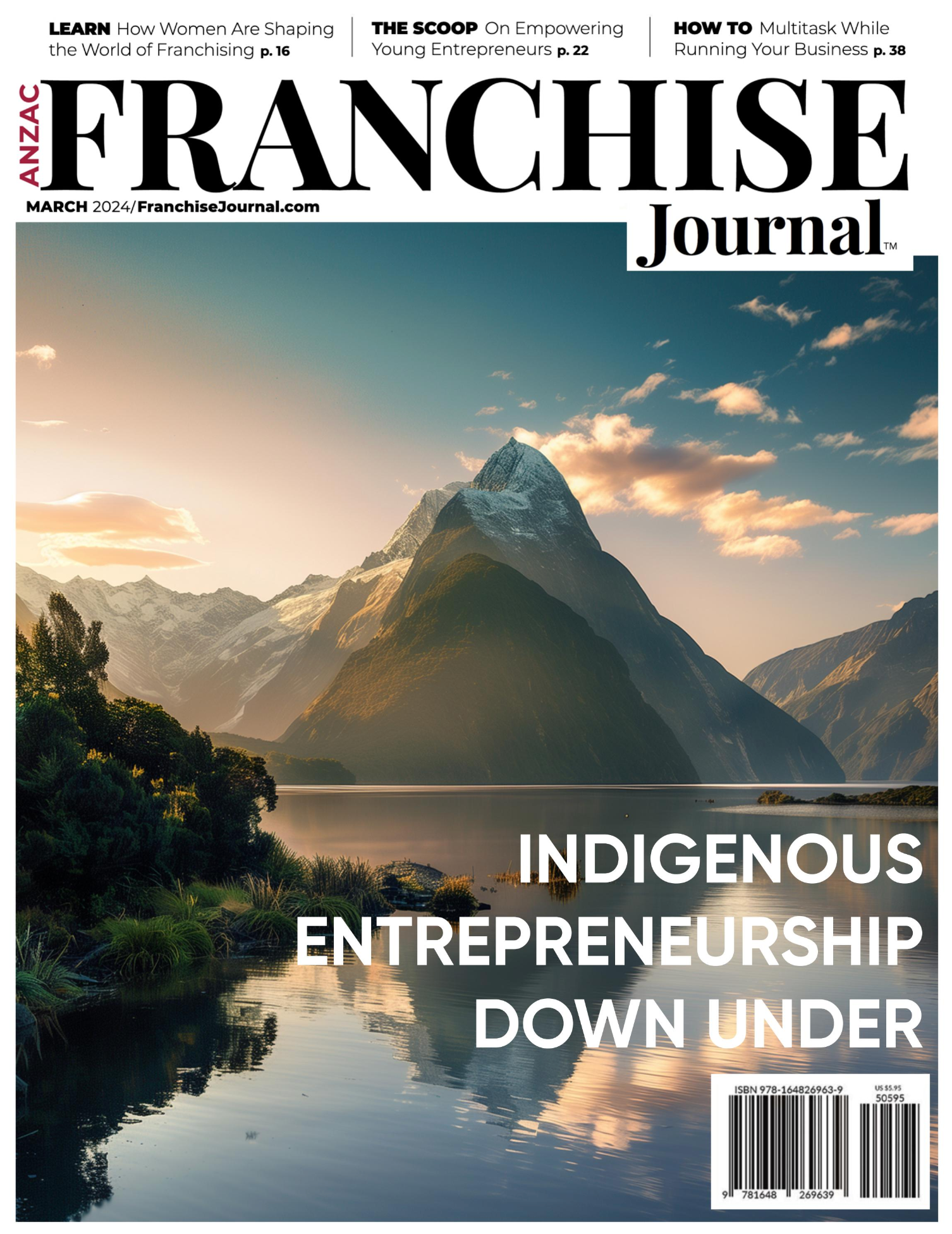 A magazine cover with a mountain and a lake on it.