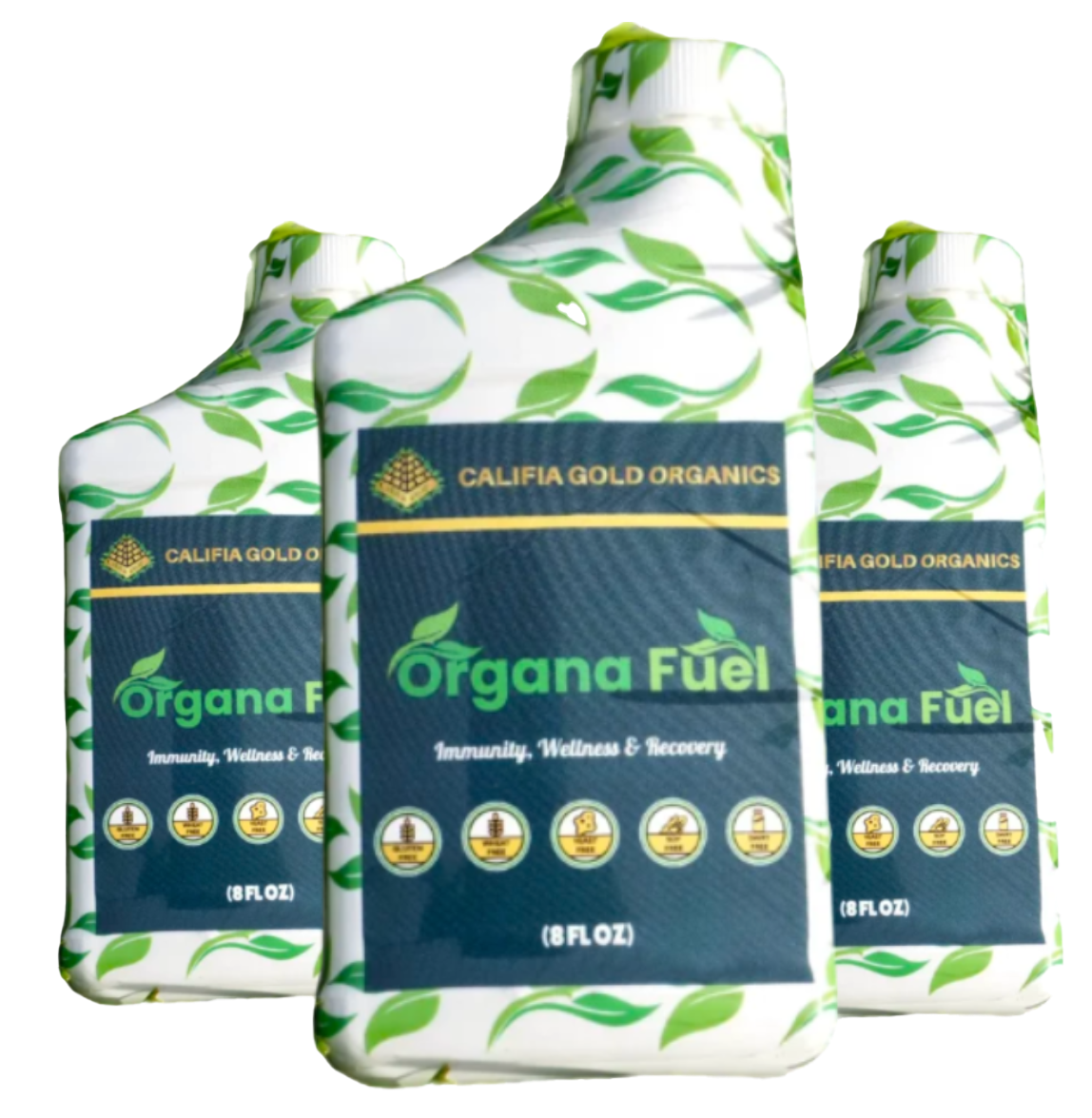 Three bottles of organa fuel from califia gold organics