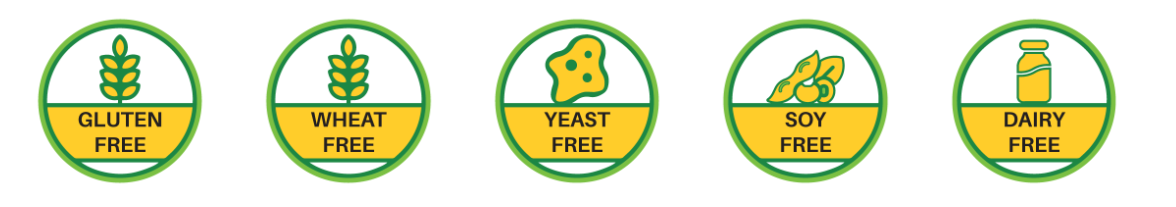 A set of labels that say gluten free , wheat free , yeast free , soy free , and dairy free.