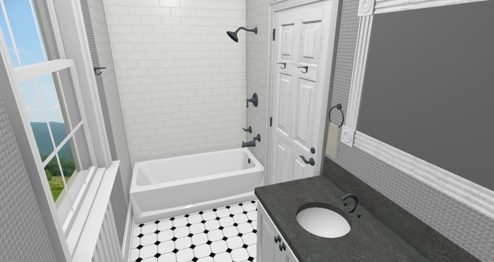 A bathroom with a tub , sink , mirror and window.