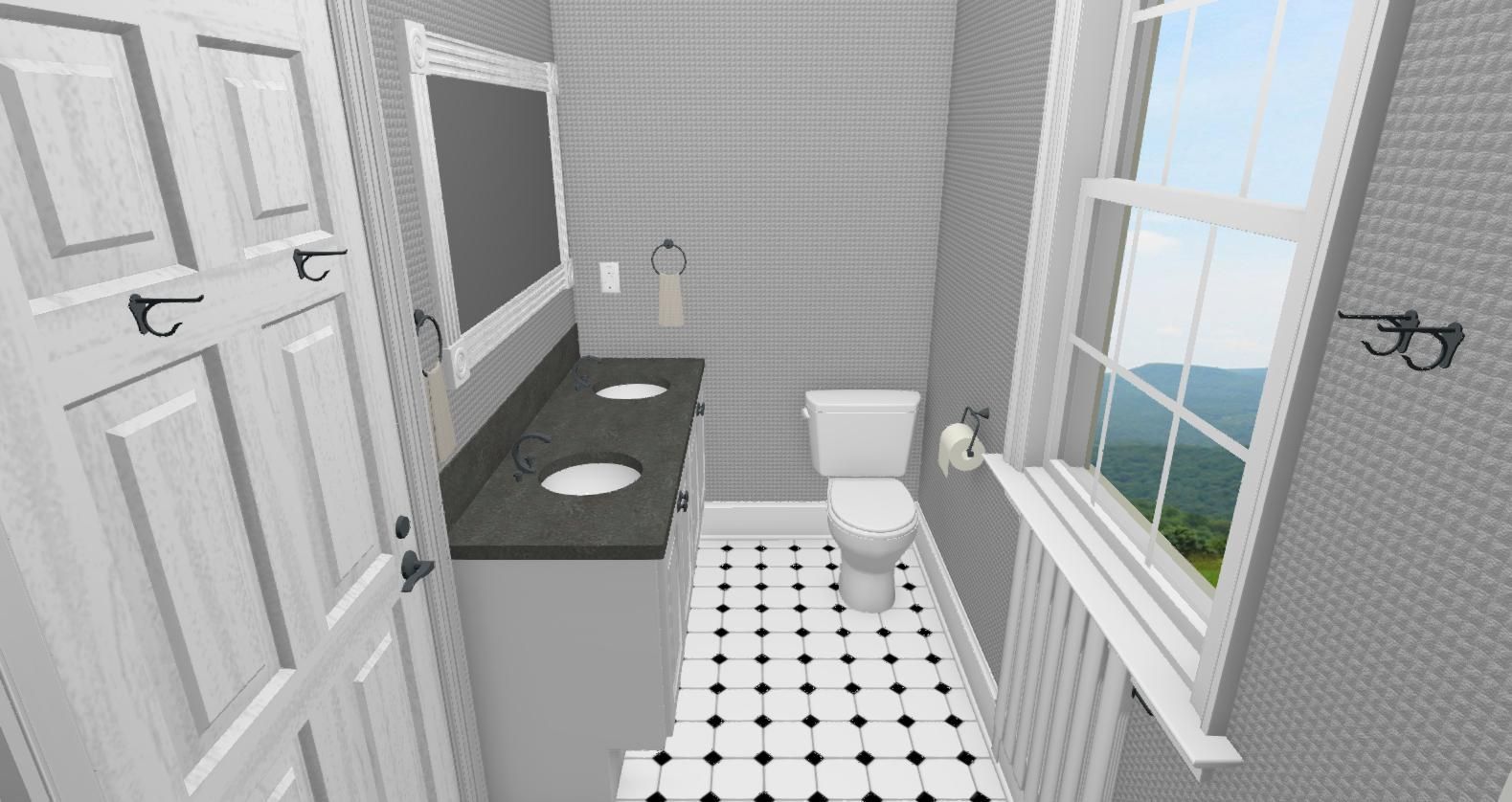 A bathroom with a toilet , sink , mirror and window.