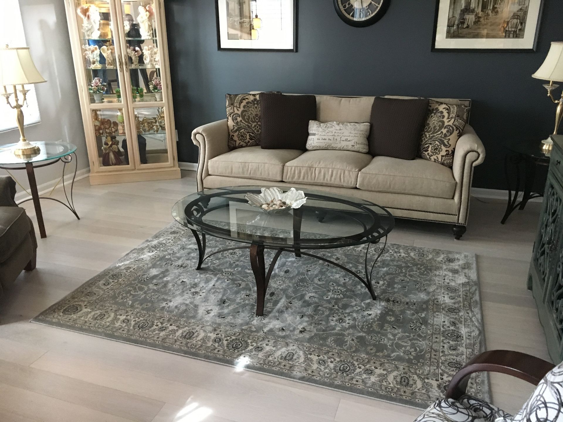 A living room with a couch and a coffee table