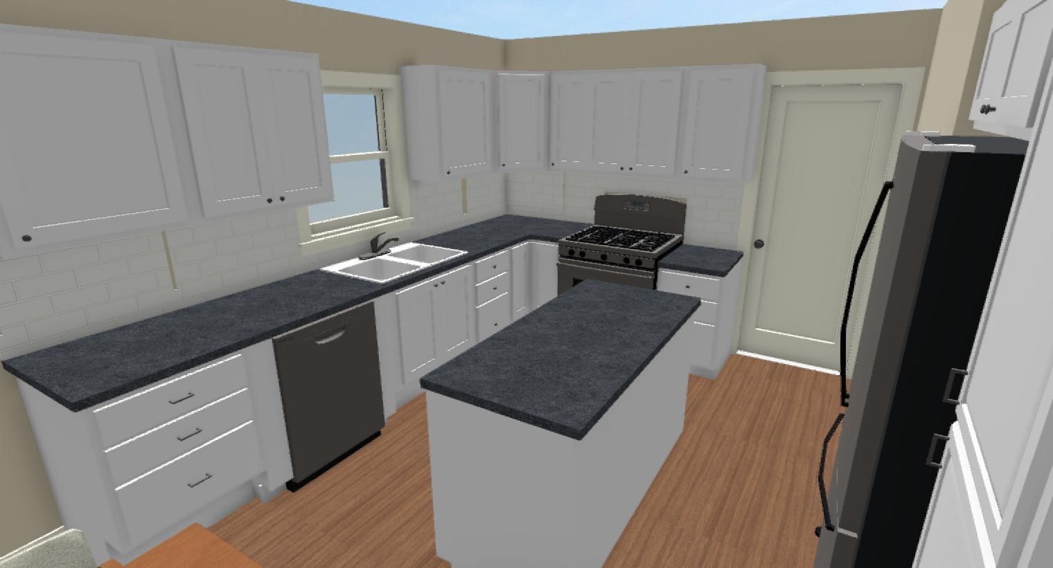 A kitchen with white cabinets and black counter tops