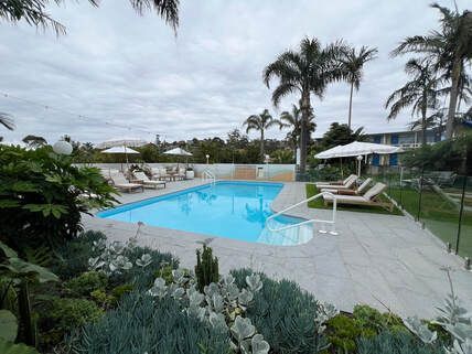 Outdoor resort pool with lounge chairs, umbrellas, and palm trees under an overcast sky