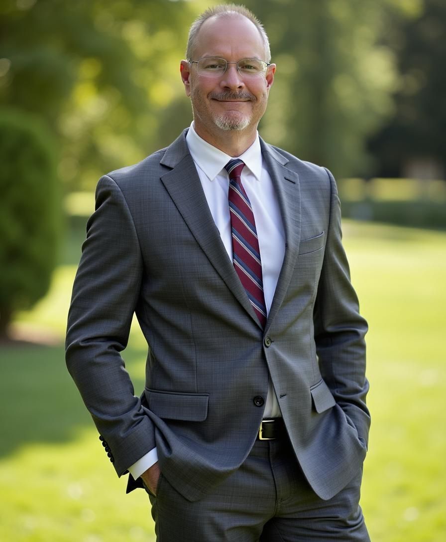 A man in a suit and tie with his hands in his pockets