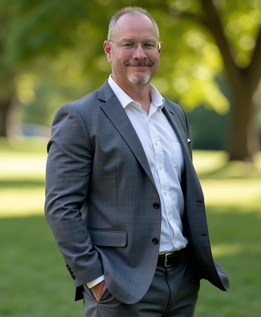 A man in a suit and white shirt is standing in a park with his hands in his pockets.
