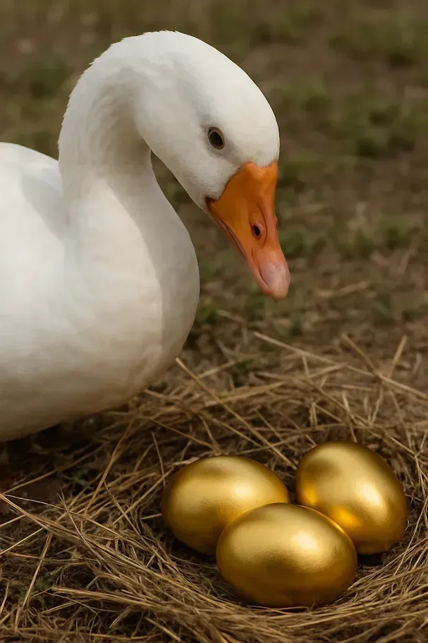 A white goose standing next to three golden eggs in a nest