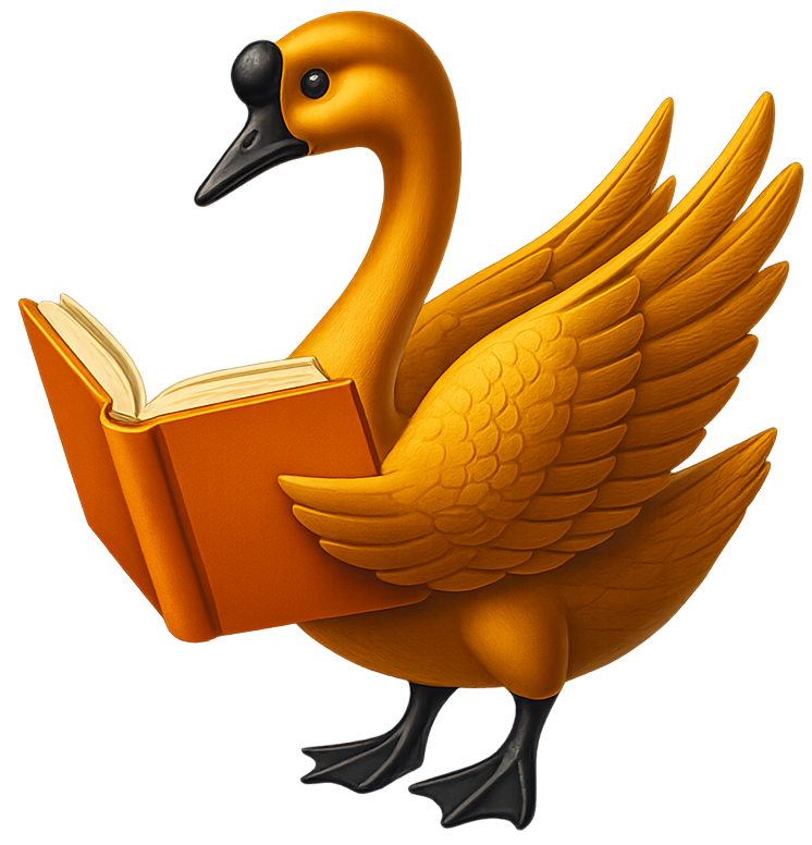 Golden Goose reading an orange book.