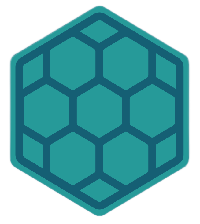 Teal hexagonal logo with a honeycomb-like design.