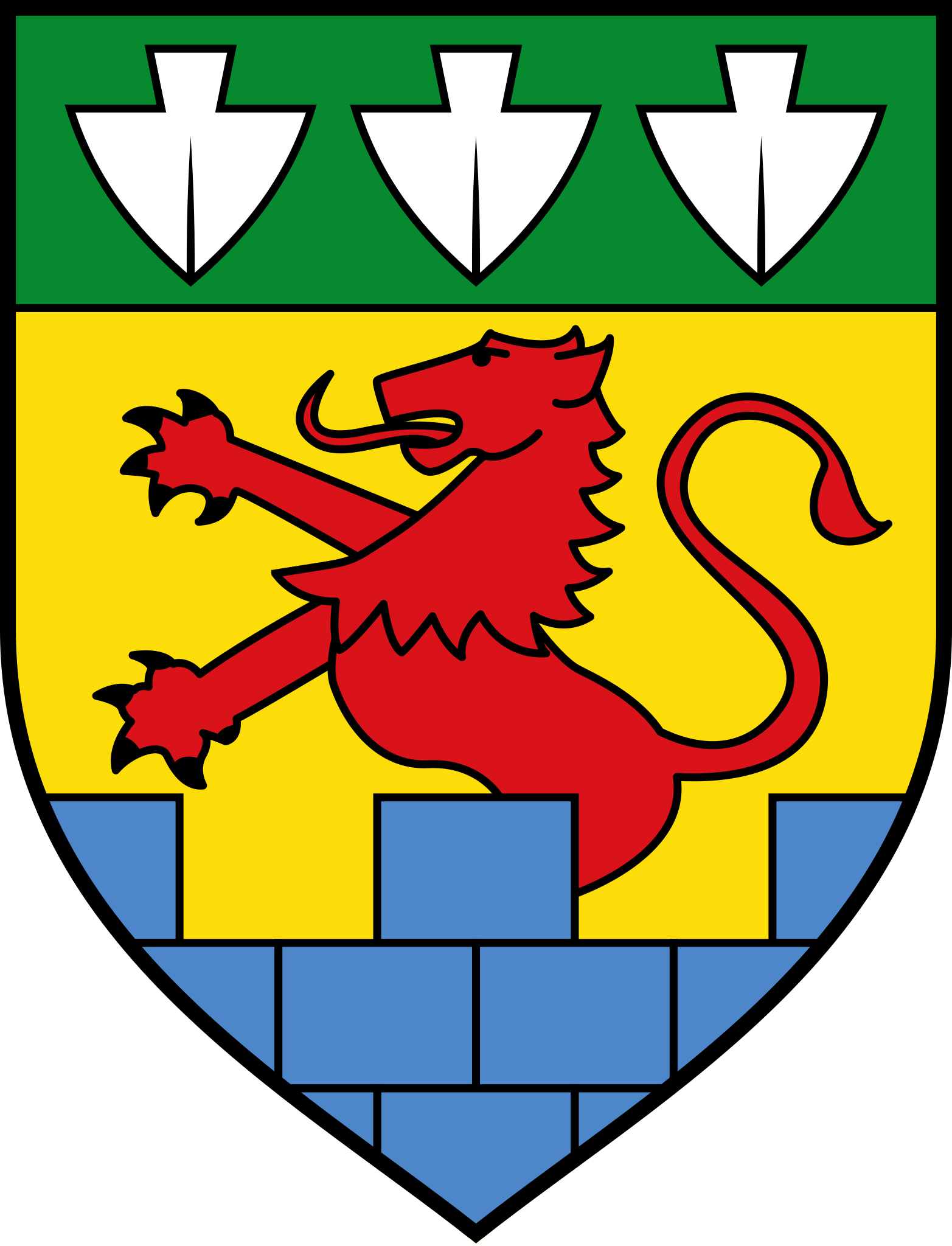 Wappen mit rotem Greif auf gelbem Schild, grünem oberen Band und blauem Ziegelsteinsockel