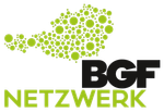 BGF NETZWERK-Logo mit grün gepunkteter Form über schwarzem und lindgrünem Text