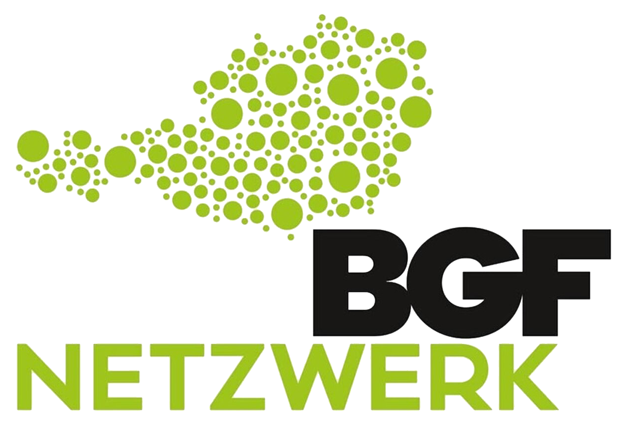BGF NETZWERK-Logo mit grün gepunkteter Form über schwarzem und lindgrünem Text