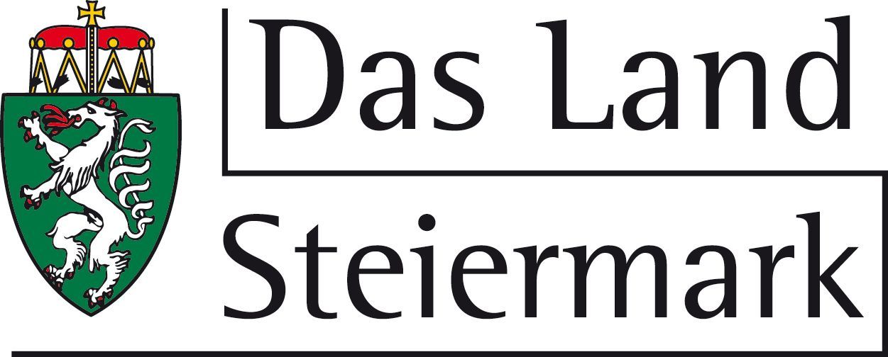 Logo von Das Land Steiermark mit dem steirischen Wappen und schwarzem Text auf weißem Hintergrund