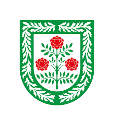 Grünes Emblem im Schildstil mit weißem Blattrand und einem zentralen roten Blumenmuster