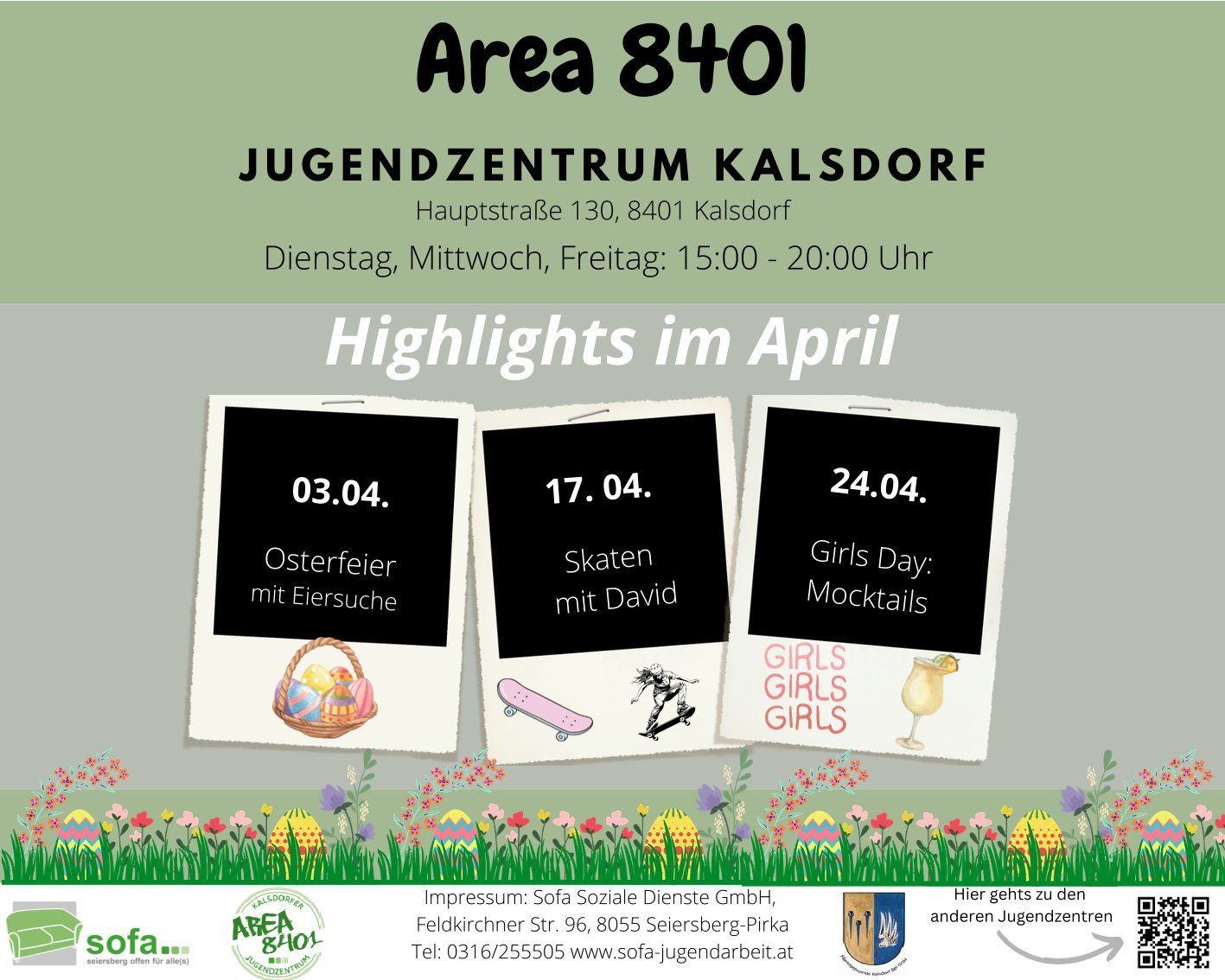 Plakat des Jugendzentrums Kalsdorf, Bereich 8401, mit April-Highlights und drei Veranstaltungsterminen auf Tafeln.