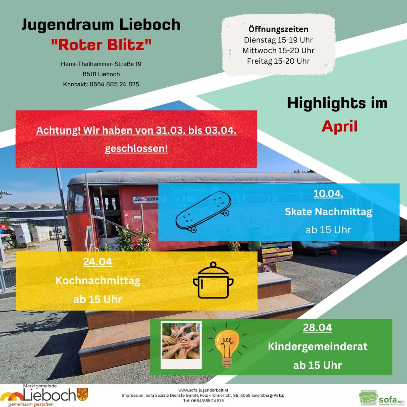 Veranstaltungsplakat für April im Jugendraum Lieboch